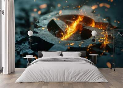 image depicts melting percentage symbol, surrounded by sparks and debris, symbolizing impact of interest rates. fiery elements evoke sense of urgency and transformation Wall mural