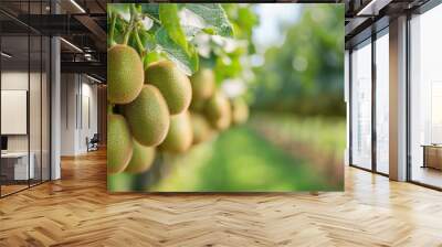 Lush green kiwi fruits hang from branches, showcasing their fuzzy texture and vibrant color in sunlit orchard. scene evokes sense of freshness and abundance Wall mural