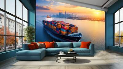 massive container ship sailing across ocean at sunset, surrounded by vibrant skyline. colorful containers create striking contrast against serene water, evoking sense of adventure and exploration Wall mural