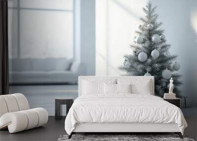 minimalist Christmas tree adorned with simple white ornaments stands elegantly in bright, airy room, creating serene holiday atmosphere Wall mural