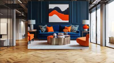 modern living room featuring navy blue walls and bright orange accents, creating vibrant contrast. stylish furniture and artwork enhance contemporary aesthetic Wall mural