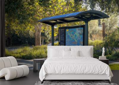 modern solar powered bus stop featuring digital map display, surrounded by greenery and trees, offers real time transit information. This eco friendly design enhances urban transportation Wall mural