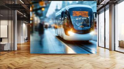 modern tram approaches busy urban station, showcasing its sleek design and illuminated destination sign. scene captures vibrant energy of city life, with blurred figures of commuters in motion Wall mural