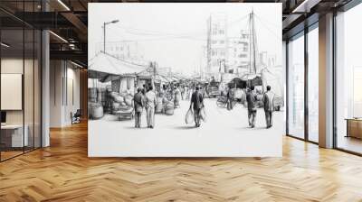 monochrome sketch of bustling marketplace scene, featuring vendors and shoppers amidst tents and stalls. lively atmosphere captures essence of daily life in vibrant market Wall mural