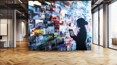 person interacts with digital display filled with vibrant images, showcasing impact of digital advertising and marketing. scene conveys sense of innovation and engagement in modern environment Wall mural