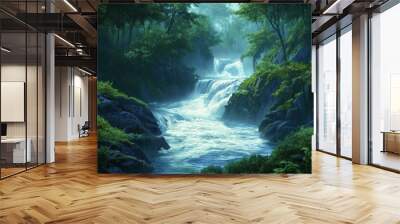 river flowing relentlessly through lush forest, surrounded by vibrant greenery and rocky terrain, creates serene and tranquil atmosphere Wall mural