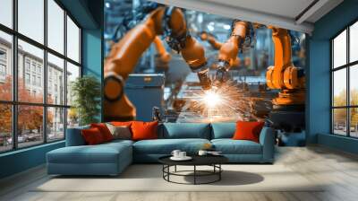 Robots welding complex metal frames in automotive factory, showcasing advanced technology and precision. sparks fly as they work efficiently, highlighting innovation in manufacturing Wall mural