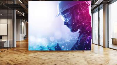 skilled worker in hard hat and safety glasses, immersed in technology, symbolizes innovation and progress in construction industry Wall mural