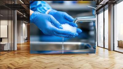 technician in blue protective suit is washing their hands under faucet, creating foam with soap. scene emphasizes hygiene and safety in clean environment Wall mural