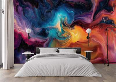 Vibrant abstract art featuring swirling colors of blue, orange, and purple, creating dynamic and emotional visual experience. fluid patterns evoke sense of movement and creativity Wall mural