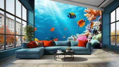 vibrant coral reef with tropical fish swimming gracefully among colorful corals, creating lively underwater scene filled with beauty and life Wall mural