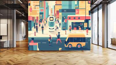 vibrant urban scene depicting busy street filled with people, modern buildings, and tram. colorful architecture and dynamic atmosphere reflect energy of city life Wall mural