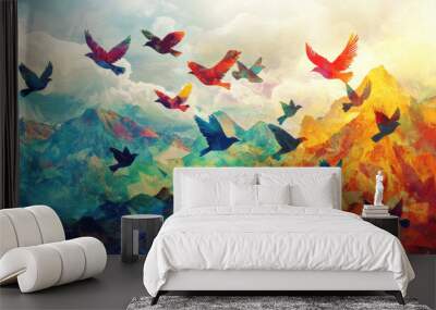 Vivid dreamlike birds made of abstract colors fly over majestic mountains, creating stunning visual experience that evokes sense of wonder and freedom Wall mural