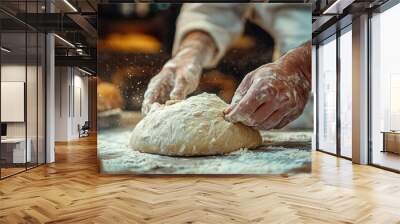 A baker mixing dough by hand in a rustic bakery, illustrating the traditional methods and hands-on approach in bread making Wall mural