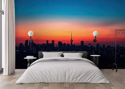 A silhouette of a city skyline at dusk, with tall buildings and a glowing horizon behind them Wall mural