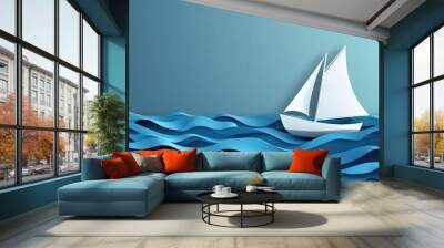 A simple sailboat with a white sail and blue waves underneath, perfect for travel or summer designs Wall mural