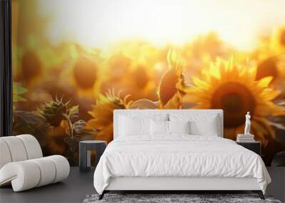 A sunflower field at sunset, with golden light illuminating the bright yellow petals Wall mural