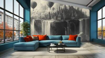 A surreal drawing of a city floating in the sky, with waterfalls cascading down and hot air balloons drifting nearby Wall mural