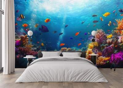 High-angle view of vibrant coral reefs bustling with colorful fish Wall mural