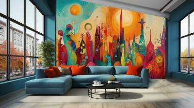 Low-angle view of a vibrant cityscape, animals dancing in harmony, blending surrealism and utopian dreams, vivid colors, whimsical shapes Wall mural