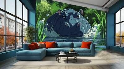 A Hippopotamus Emerges from the Water. Wall mural