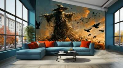 A Scary Scarecrow Amidst a Field of Pumpkins. Wall mural