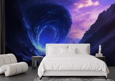 A swirling portal to a mystical land, seen between two mountains with a starry sky overhead. Wall mural