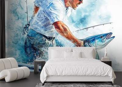 A watercolor painting of a man reeling in a large fish from a boat. Wall mural