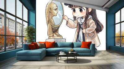 A young girl in a cap and coat looking at an ancient Egyptian statue. Wall mural