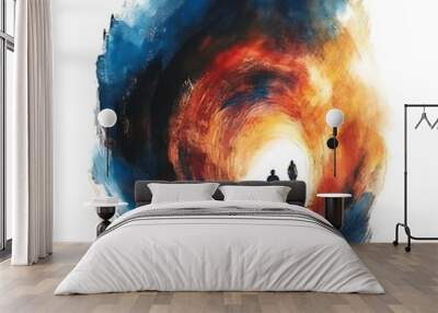 Abstract Watercolor Painting of Two People Walking Towards the Light. Wall mural