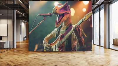 Dinosaur Rock Star Performs on Stage with Electric Guitar. Wall mural