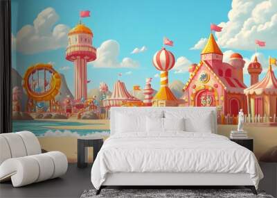 Fantasy Beach Town with Colorful Buildings and Ferris Wheel. Wall mural