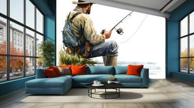 Fisherman casting his line on a lake, watercolor painting. Wall mural