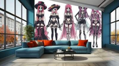 Five Skeleton Girls Dressed in Different Fashion Styles, Anime Illustration. Wall mural