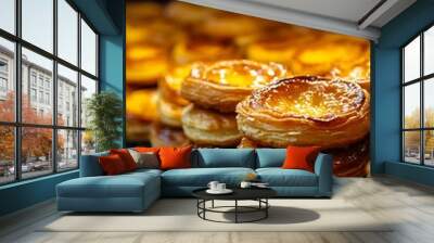 Freshly baked egg tarts on a cooling rack. Wall mural