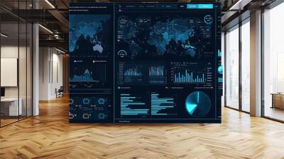 Futuristic Interface with World Map and Data Visualizations. Wall mural