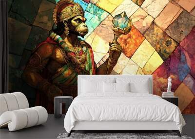 Hanuman, the Hindu Monkey God, Depicted in a Colorful, Mosaic-Style Illustration. Wall mural