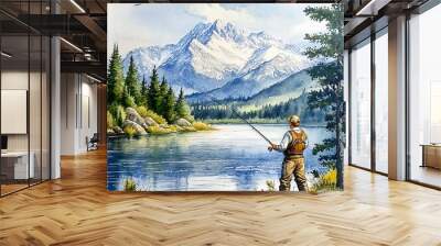 Man Fishing on a Tranquil Mountain Lake. Wall mural