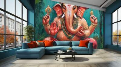 Oil Painting of the Hindu God Ganesha Sitting in a Forest Setting. Wall mural