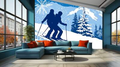 Silhouette of Skiers in Winter Wonderland. Wall mural