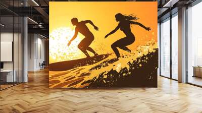 Silhouettes of a man and woman surfing in the sunset. Wall mural