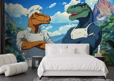 Two Dinosaurs Dressed as Chefs Standing With Arms Crossed. Wall mural