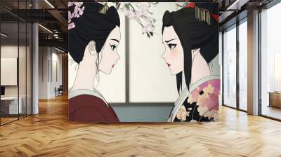 Two Japanese Women in Traditional Kimono, Facing Each Other in a Room with Cherry Blossom. Wall mural