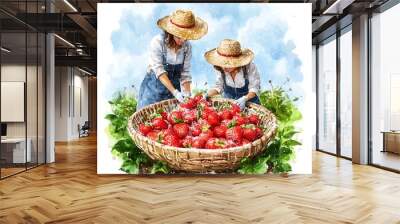 Two women picking fresh strawberries in a field. Wall mural