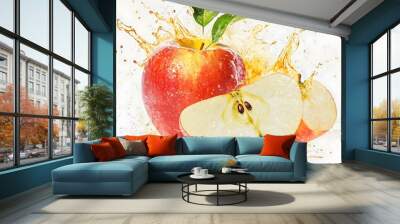 Watercolor Illustration of a Red Apple with a Splash of Juice. Wall mural