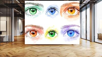 Watercolor Illustration of Six Colorful Eyes. Wall mural