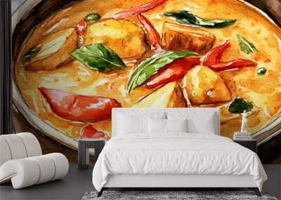 Watercolor Illustration of Thai Curry with Vegetables and Chili Peppers. Wall mural