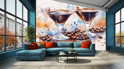 Watercolor Painting of Two Glasses of Coffee with Coffee Beans. Wall mural