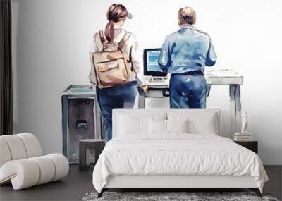 Watercolor Painting of Two People at an Airport Kiosk. Wall mural