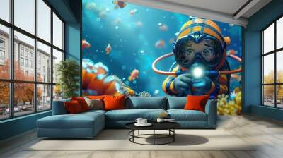 A cartoonish underwater scene with a boy in a scuba suit looking for something Wall mural